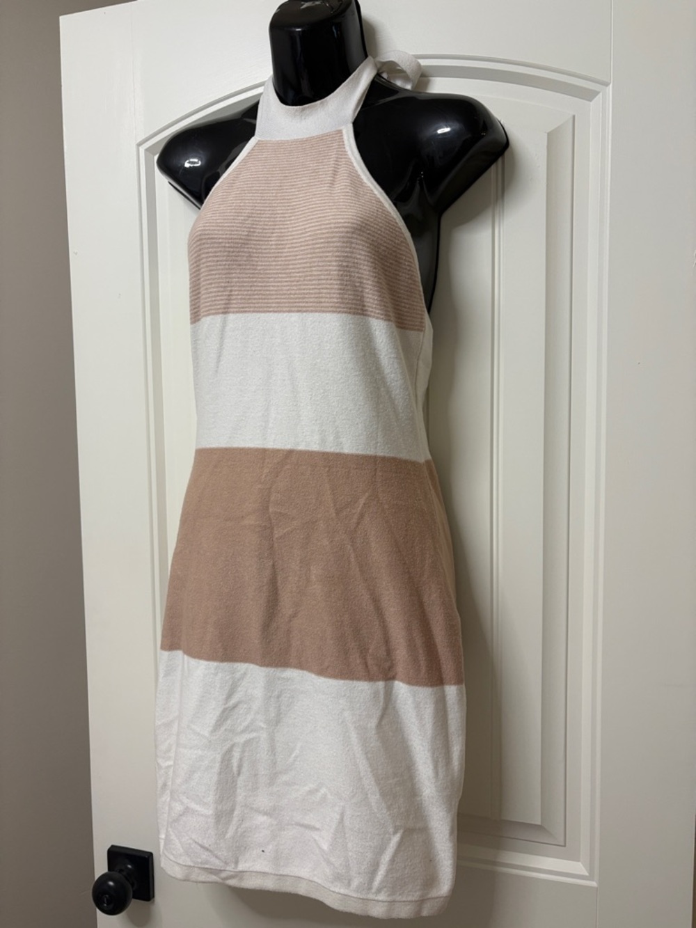 Sleeveless Halter Stripe Knit Dress in Beige and White